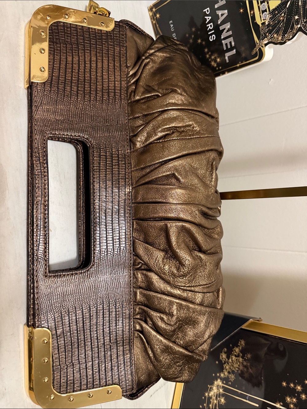 BCBGMAX Azria Bronze Metallic Pleated Wristlet Clutch with Gold Accents - Picture 10 of 11